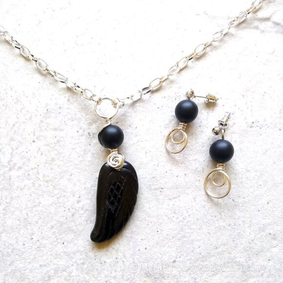 Carved Black Onyx Wing Necklace & Earring Set - Stress Bereavement & Protection - Picture 2 of 10